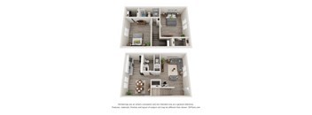 A 3D floor plan of a two-bedroom apartment with a living room, kitchen, and bathroom.