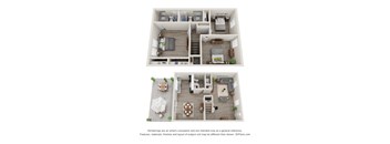 A 3D floor plan of a two-story house with two bedrooms, two bathrooms, a living room, a kitchen, and a dining area.