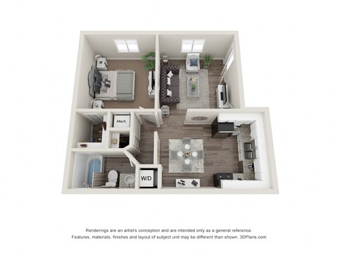 1 Bedroom Floor Plan | 627 Sq. Ft. at Ridgewood Apartments, Lawrenceville, GA