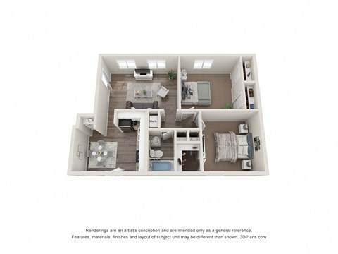 2 Bedroom Floor Plan | 805 Sq. Ft. at Ridgewood Apartments, Georgia