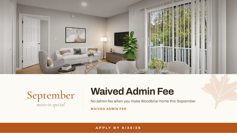 A room with a sofa, a chair, a table, and a lamp is shown with text about a waived admin fee for September.