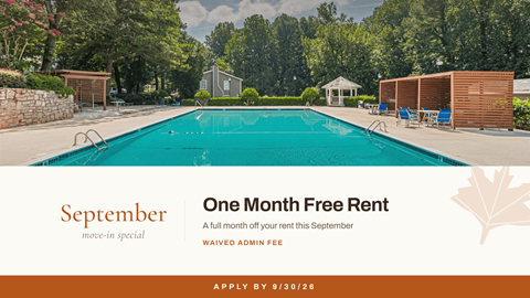 A pool with a sign that says "One Month Free Rent".
