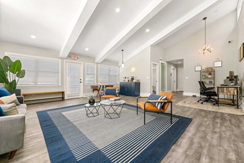 A living room with a grey rug and a grey couch.