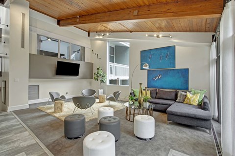 A living room with a grey couch and a wooden ceiling.