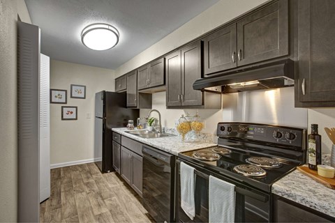 A kitchen with a black stove top oven and black cabinets.