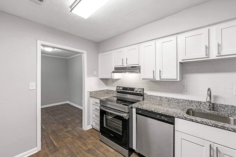 A kitchen with a stove top oven and a dishwasher.