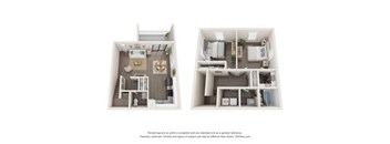 Two images of a dollhouse interior with a kitchen and living room.