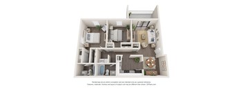 A 3D floor plan of a house with a kitchen, living room, and bathroom.