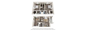 A floor plan of a two-bedroom apartment with a living room, kitchen, and bathroom.