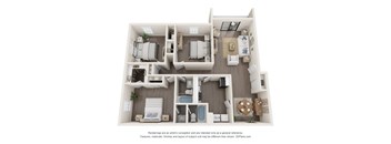 A 3D floor plan of a house with a kitchen, living room, and bedrooms.