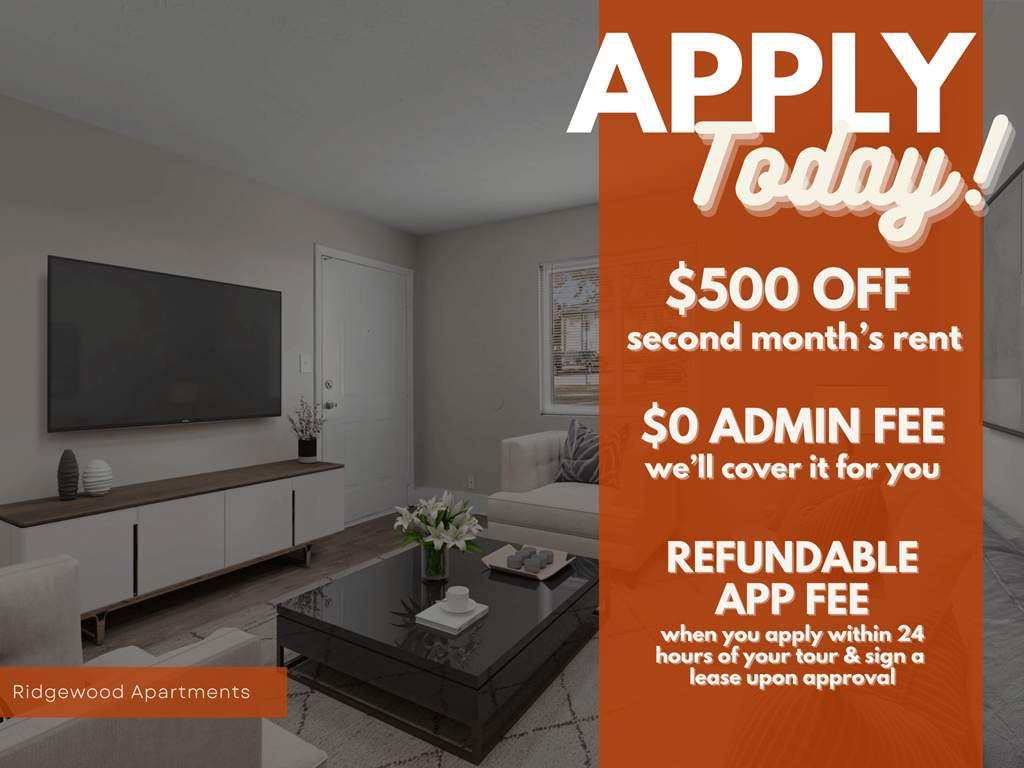 A promotional image for Ridgewood Apartments offering a $500 discount on the second month's rent.