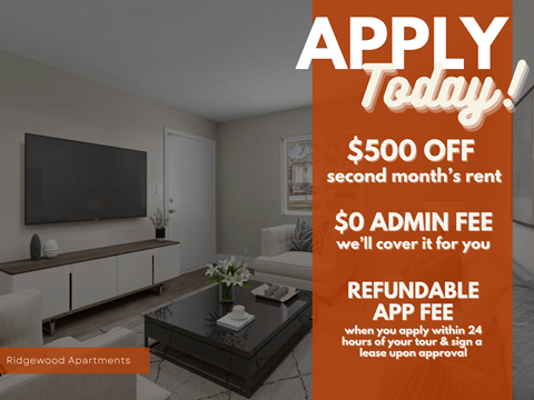 A promotional image for Ridgewood Apartments offering a $500 discount on the second month's rent.