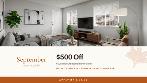 A living room with a $500 off offer for September.