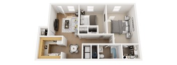 A top-down view of a small apartment with a kitchen, living room, and bedroom.