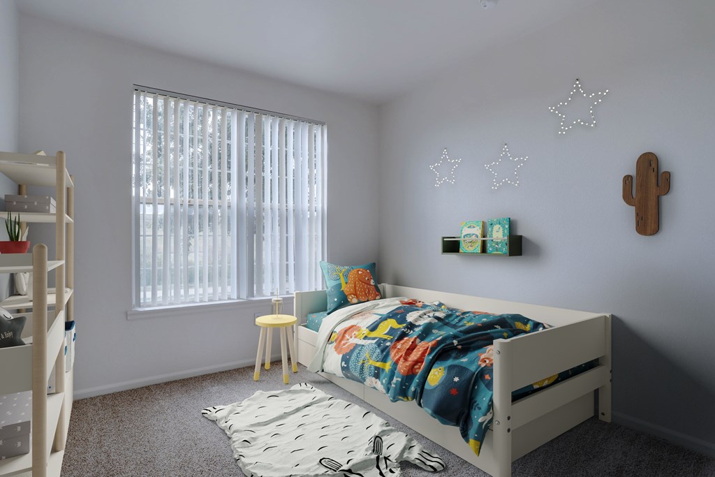 A white bedroom with a bed, a small stool, a rug, a wall shelf, and a window with blinds.