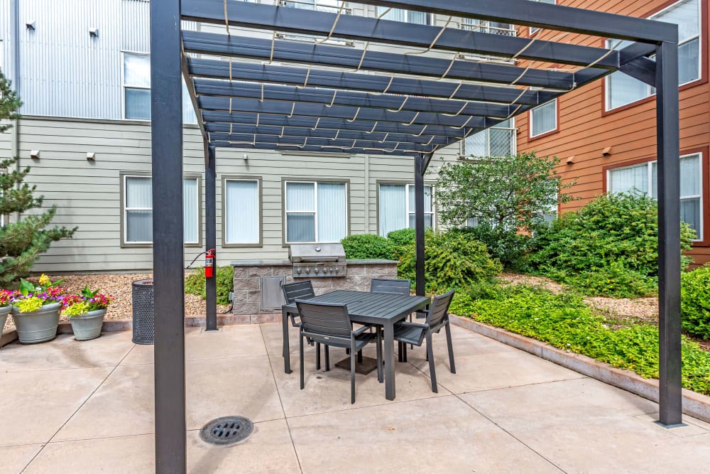 a patio with a table and chairs under a pergola
