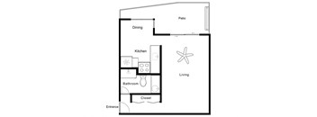 a floor plan of a studio apartment with a bedroom and a living room