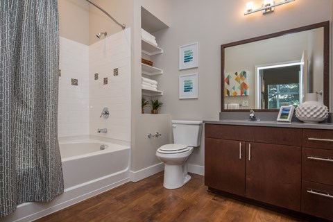 A bathroom with a white toilet, a white bathtub, and a wooden cabinet.