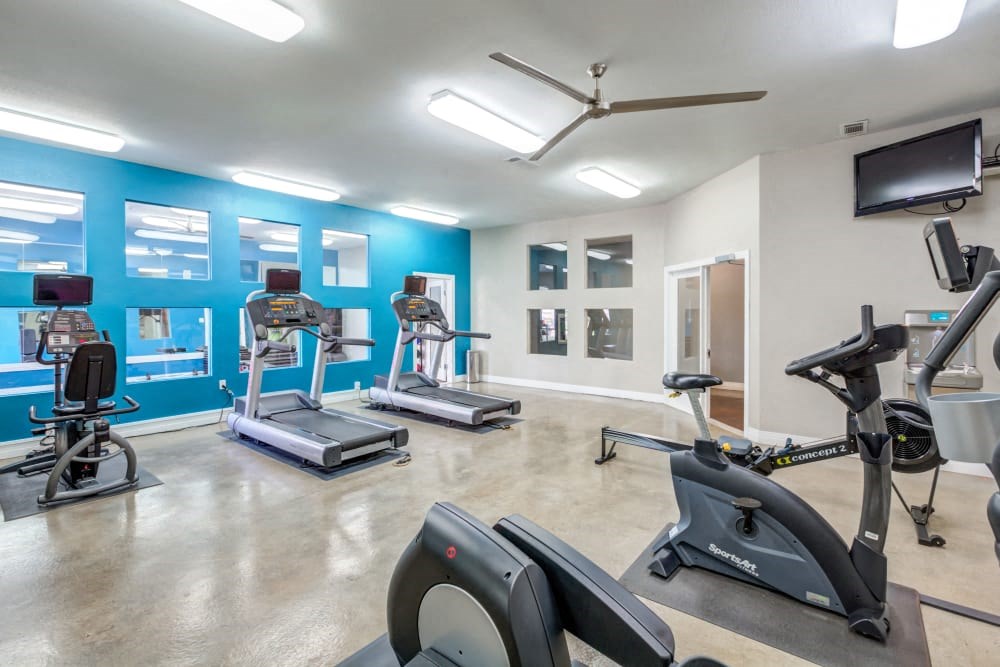 a gym with various exercise machines and a tv