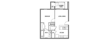 A floor plan of a small apartment with a laundry room and a covered patio.
