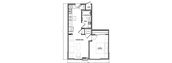 A floor plan of a small apartment with a living kitchen, bath, and bedroom.