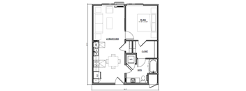 A floor plan with a living kitchen, bath, and bedroom.