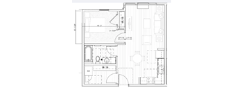 A floor plan of a room with dimensions and furniture layout.