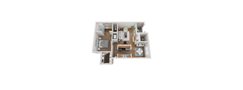 A top-down view of a small apartment with a kitchen, living room, and bedroom.
