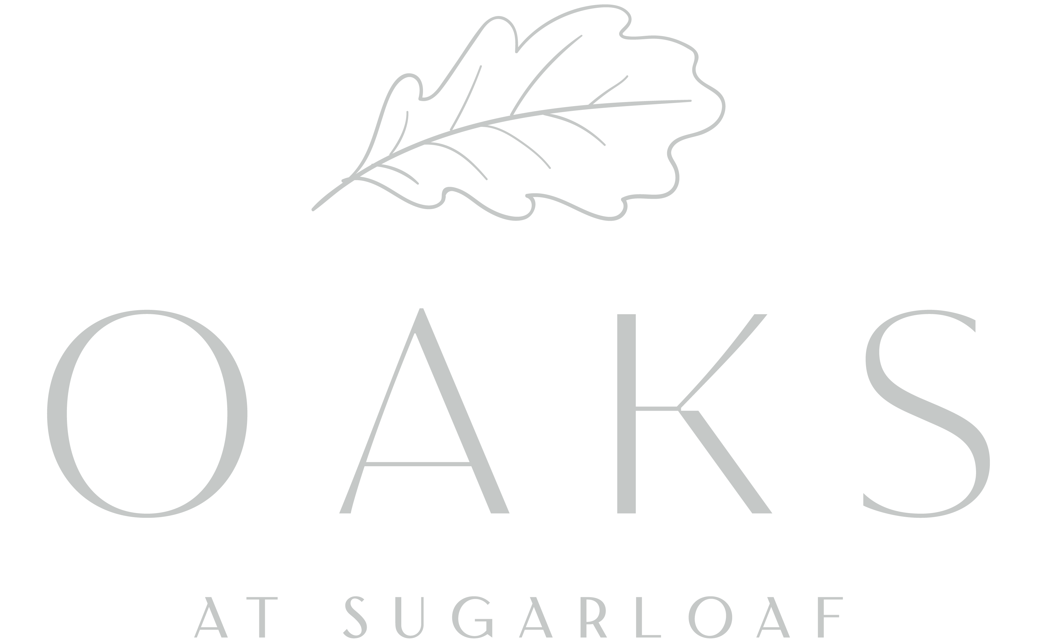 A logo with a leaf and the words "Oaks at Sugarloaf" in white on a green background.
