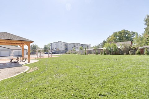 a park with a playground and buildings in the background