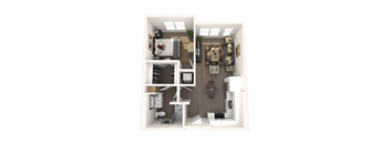 a bedroom with a bathroom and a living room