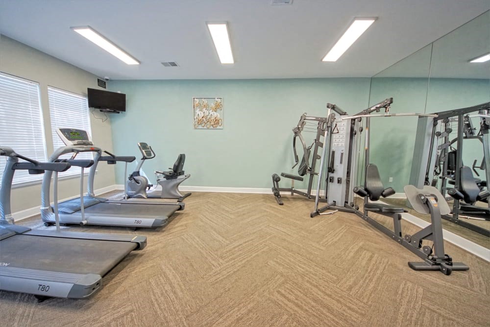 a gym with cardio equipment and mirrors in a home gym