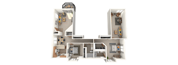 A 3D floor plan of a house with two bedrooms, a living room, a kitchen, and a bathroom.