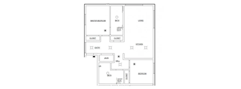 A floor plan of a house with a master bedroom, living room, kitchen, and bathrooms.