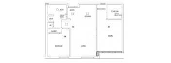 A floor plan of a house with a living room, bedroom, closet, bathroom, and kitchen.