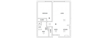 A floor plan of a house with a bedroom, bathroom, laundry, living room, kitchen, and entry.