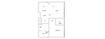 A floor plan of a house with a kitchen, living room, bathroom, and bedroom.