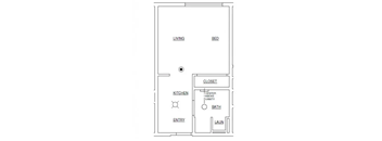 A floor plan of a small apartment with a living area, bedroom, kitchen, bathroom, closet, and laundry room.