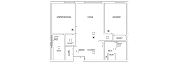 A floor plan of a house with a master bedroom, living room, and two closets.