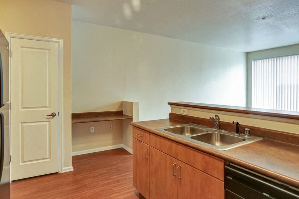 an empty kitchen with a sink and a door
