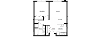 A black and white image of a floor plan for a small apartment.