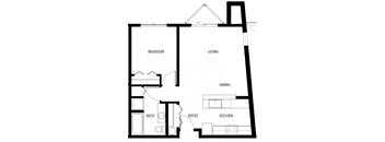 A black and white floor plan of a house with a bedroom, dining area, kitchen, bathroom, and entryway.