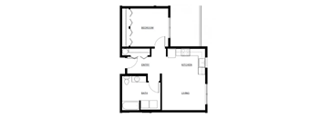 A floor plan of a house with a bedroom, living room, kitchen, and bathroom.