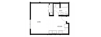 A floor plan of a house with a living room, kitchen, and bathroom.