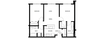 A black and white image of a floor plan for a house with labeled rooms.