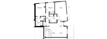 A floor plan of a house with labeled rooms such as bedroom, bath, kitchen, and living room.