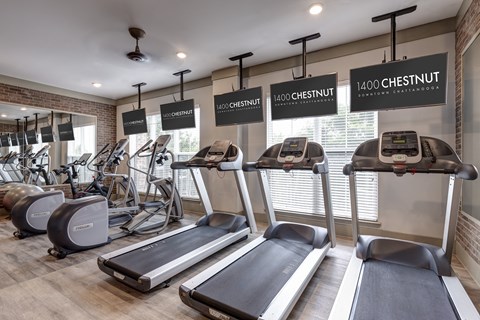 A gym with treadmills and exercise bikes from Chestnut brand.