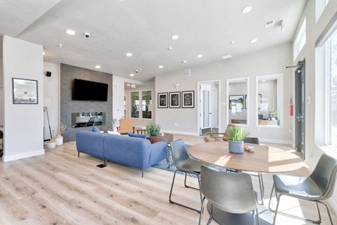 a living room with a couch and a table