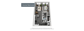 A floor plan of a small apartment with a kitchen, living room, and bathroom.