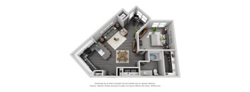 A 3D floor plan of a house with a kitchen, living room, and bathroom.